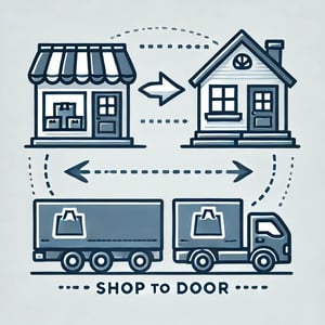 DALL-E 2024-10-06 10.43.47 - An illustration representing Shop to Door logistics. The image should show goods being delivered from a store or e-commerce warehouse directly to a 