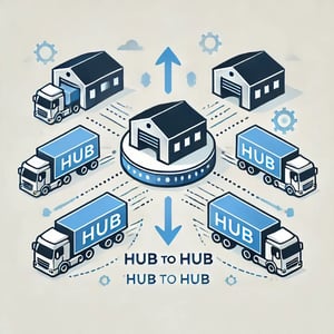 DALL-E 2024-10-06 10.43.50 - An illustration representing Hub to Hub logistics. The image should show the movement of goods between two warehouse hubs with trucks or delivery ve